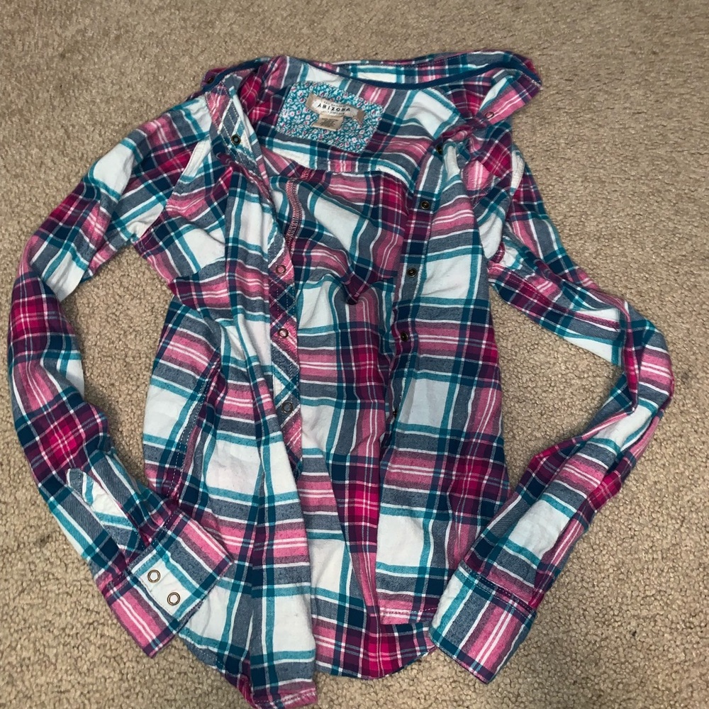 Pink blue white plaid shirt